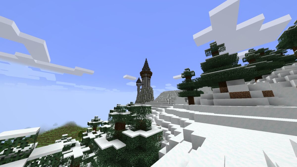 tour perchée sur une montagne enneigée dans le mod iron's spells 'n spellbooks pour minecraft.