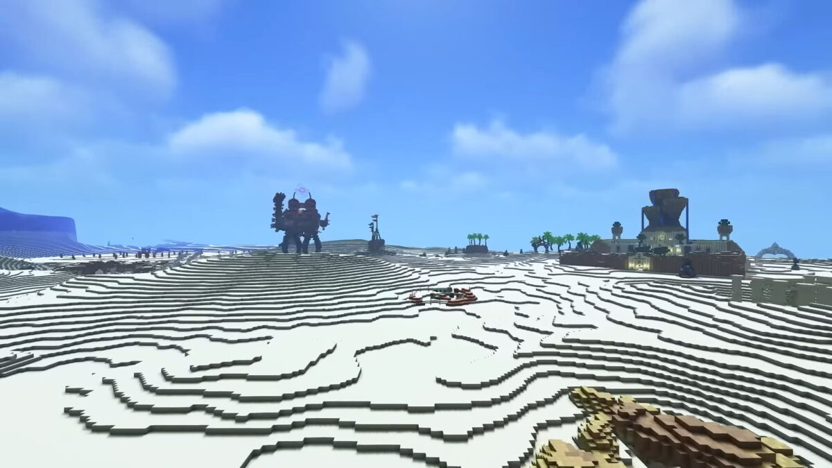 Une étendue désertique avec des dunes de sable et des bâtiments emblématiques de Breath of the Wild, intégrés dans la carte Minecraft.