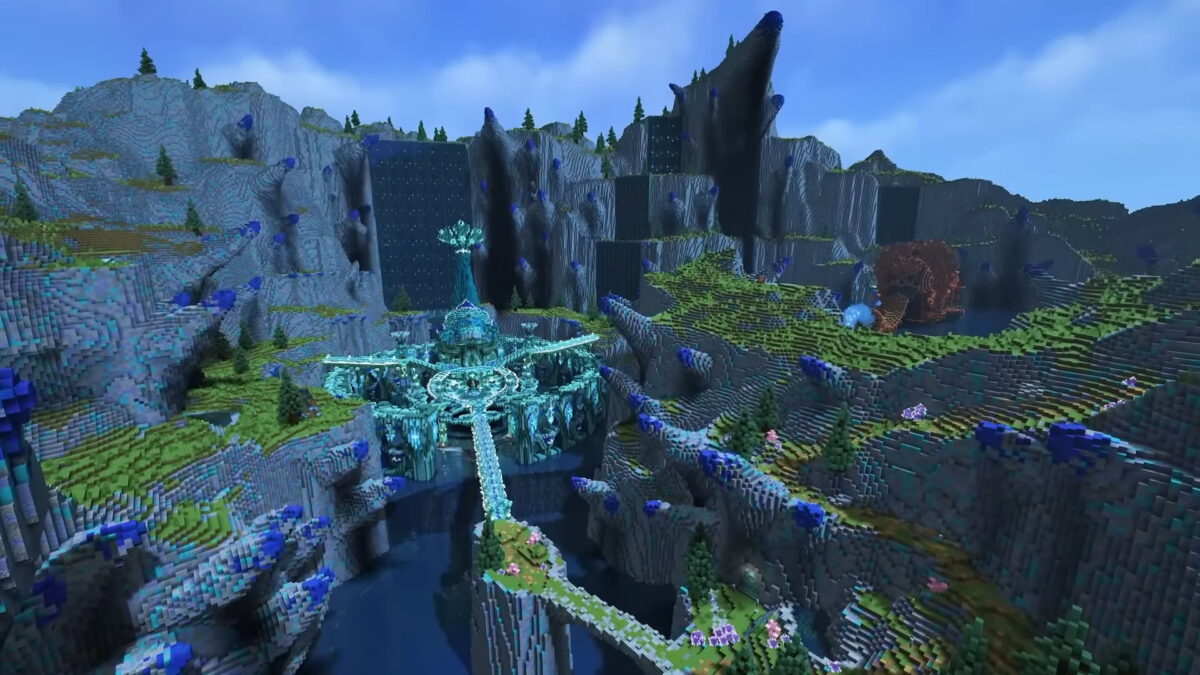 Vue détaillée d'une vallée avec des montagnes entourant une structure complexe en eau et en cristal, dans la carte Zelda recréée dans Minecraft.