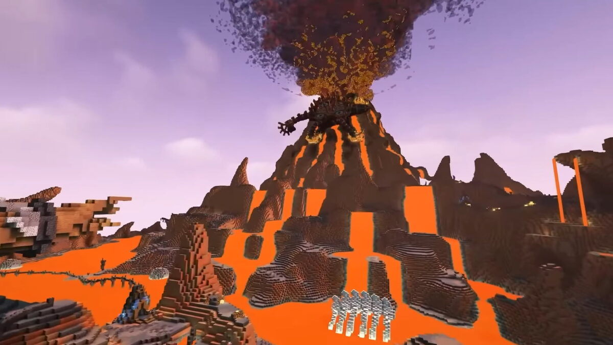 Un volcan en éruption avec des rivières de lave entourant une structure mécanique imposante, dans la carte Zelda adaptée à Minecraft.