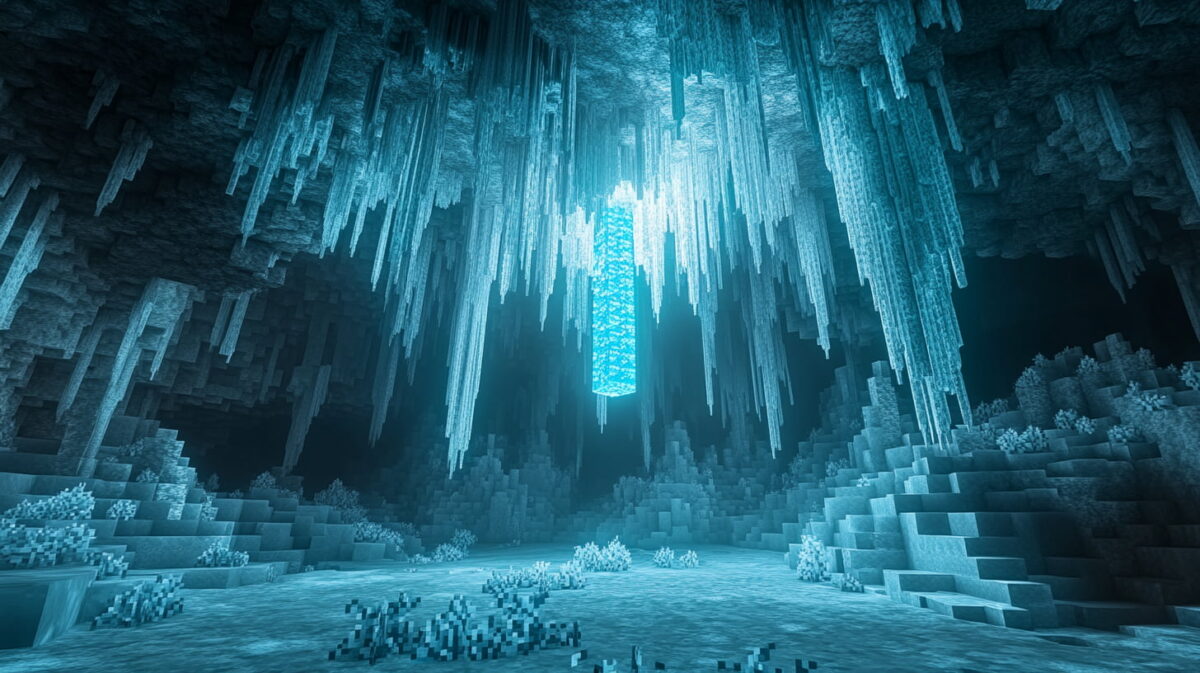 Une caverne glacée souterraine dans Minecraft, avec des murs recouverts de givre, des stalactites de glace suspendues au plafond, et un cristal bleu luminescent au centre. Le sol est parsemé de formations de glace et de petits cristaux brillants, créant une atmosphère froide et mystique.