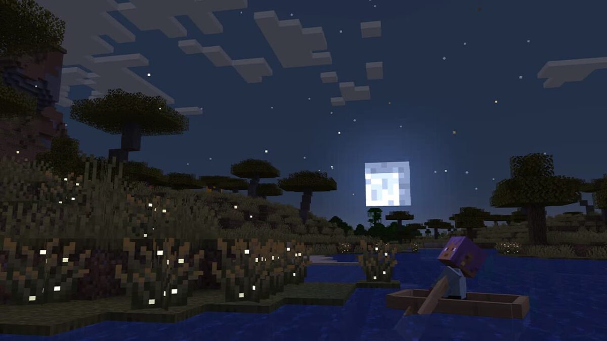 Paysage de Minecraft avec un joueur en barque sur une rivière entourée de buissons de lucioles sous un ciel nocturne.