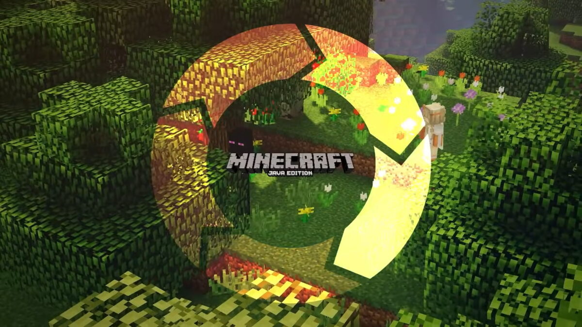 Capture d’écran montrant un paysage de Minecraft Java Edition, avec un effet graphique circulaire symbolisant un cercle vicieux.