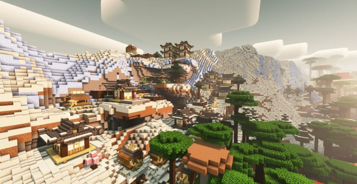 Village de montagne au style japonais dans Minecraft, recréé avec le mod ChoiceTheorem's Overhauled Village (CTOV).