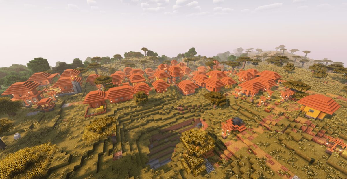 Village coloré dans un biome de savane, proposé dans le mod ChoiceTheorem's Overhauled Village (CTOV)