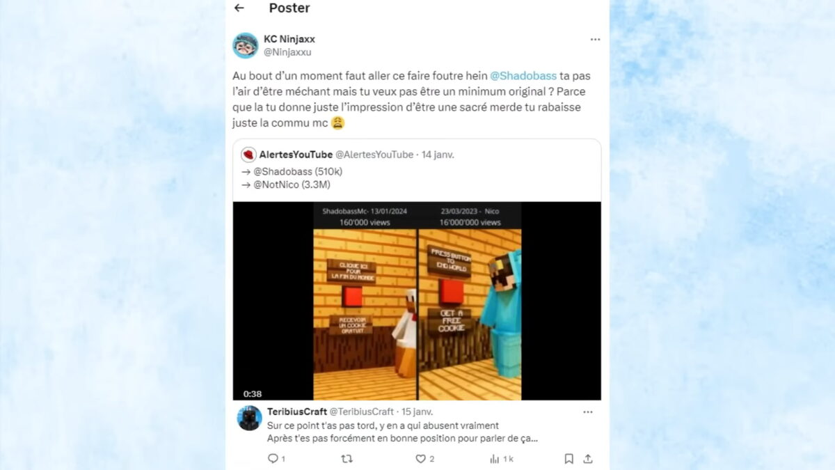 Capture d’écran d’un tweet de Ninjaxx dénonçant le plagiat dans la communauté Minecraft, avec des exemples de vidéos copiées pointées par le compte Alerte YouTube.