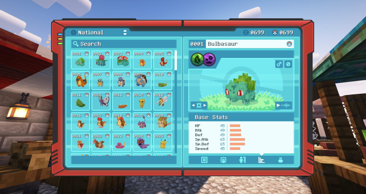 Interface du Pokédex dans le mod Cobblemon pour Minecraft, affichant une liste de Pokémon capturés et les statistiques détaillées de Bulbizarre