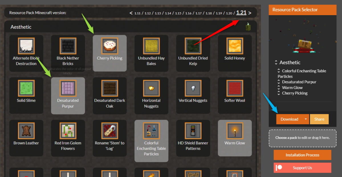 Capture d'écran du site Vanilla Tweaks montrant la sélection d'options pour personnaliser un pack de textures Minecraft. Plusieurs éléments graphiques sont mis en évidence, comme la version du pack sélectionnée (1.21), les textures choisies (Desaturated Purpur, Cherry Picking, Warm Glow, etc.) et le bouton de téléchargement du pack configuré.