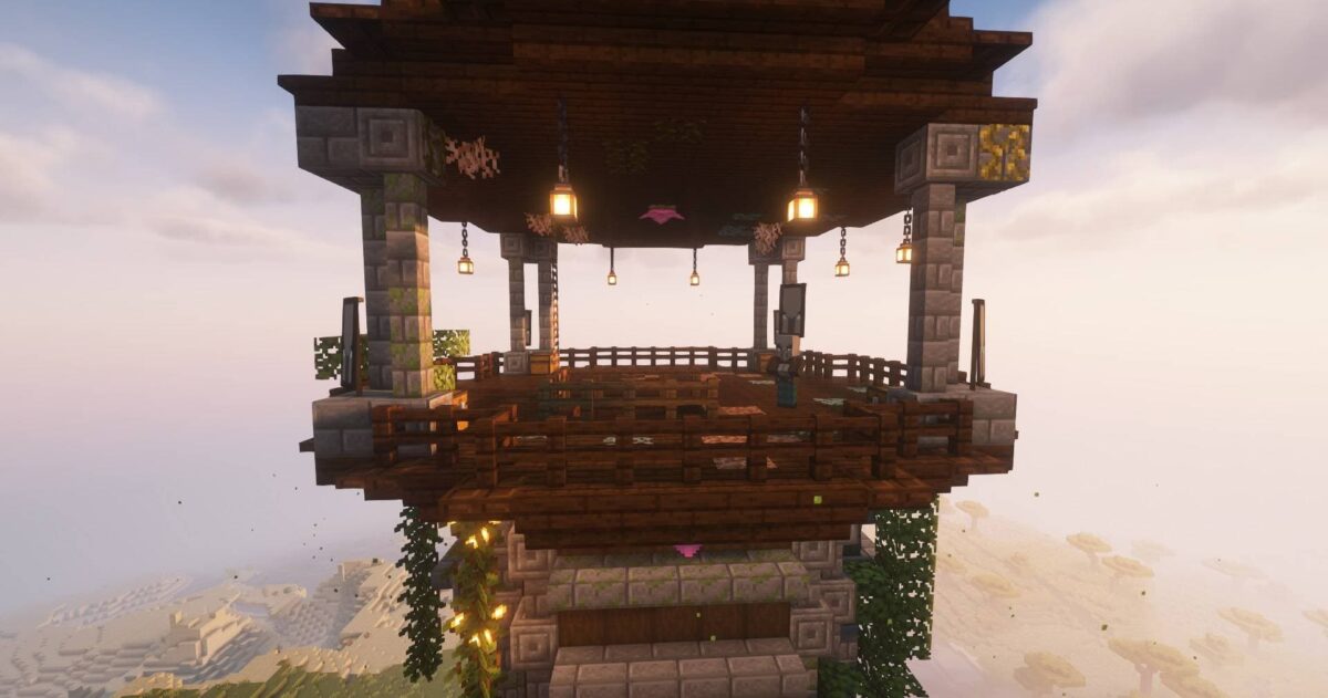 Sommet de la tour de pillards dans Minecraft avec Improved Pillager Outpost, décorations et présence du gardien de la tour