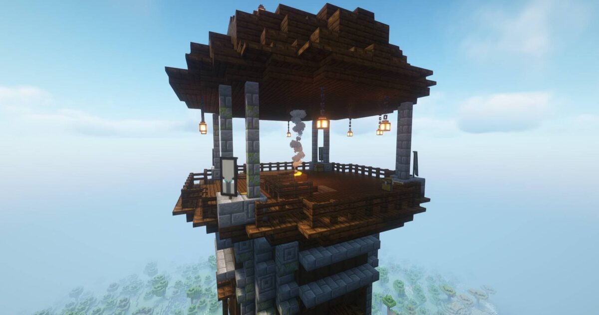 Tour de pillards active dans Minecraft avec Improved Pillager Outpost, signal de fumée allumé