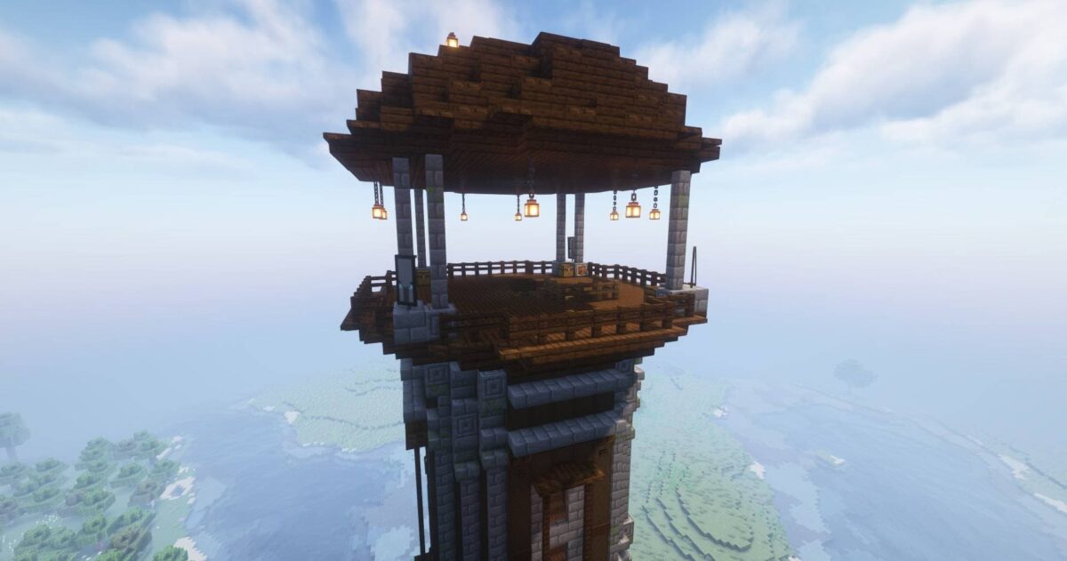 Sommet de la tour de pillards dans Minecraft avec Improved Pillager Outpost, version inactive sans feu de signalisation