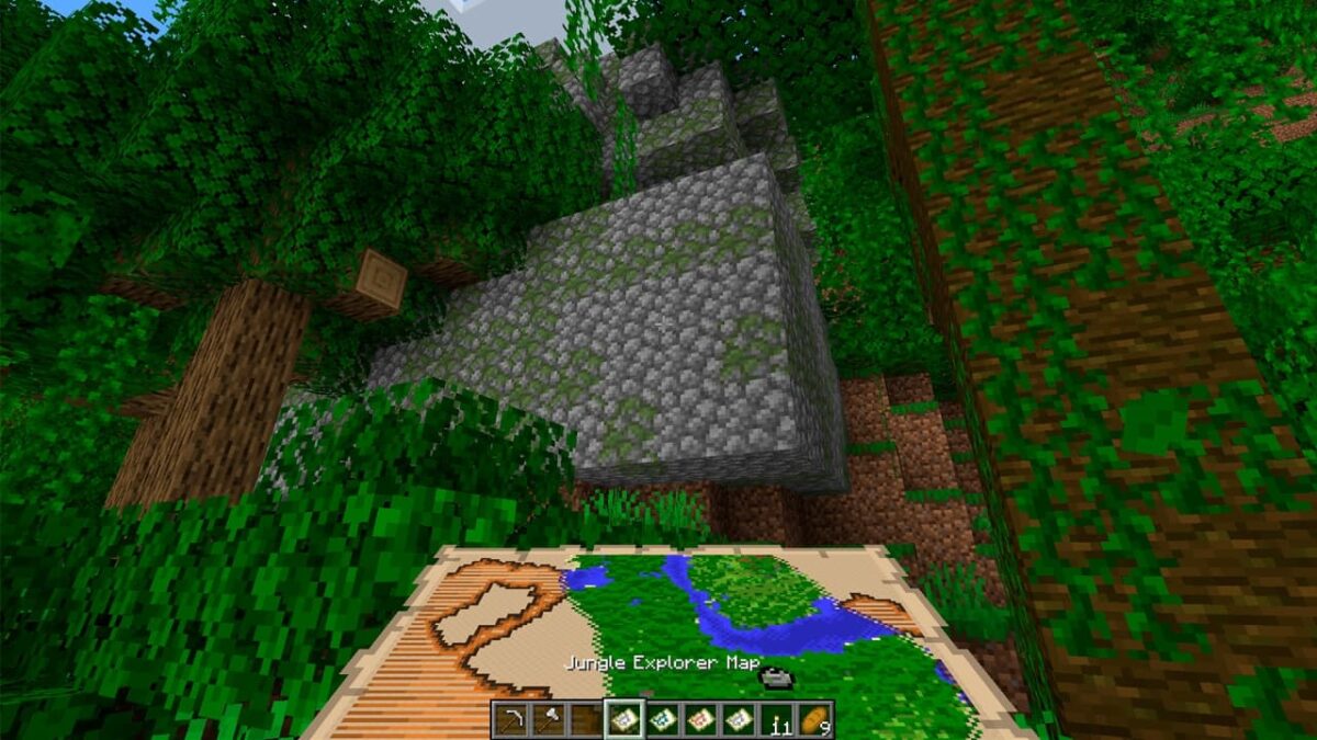 carte d’exploration de la jungle dans Minecraft montrant une structure en pierre moussue