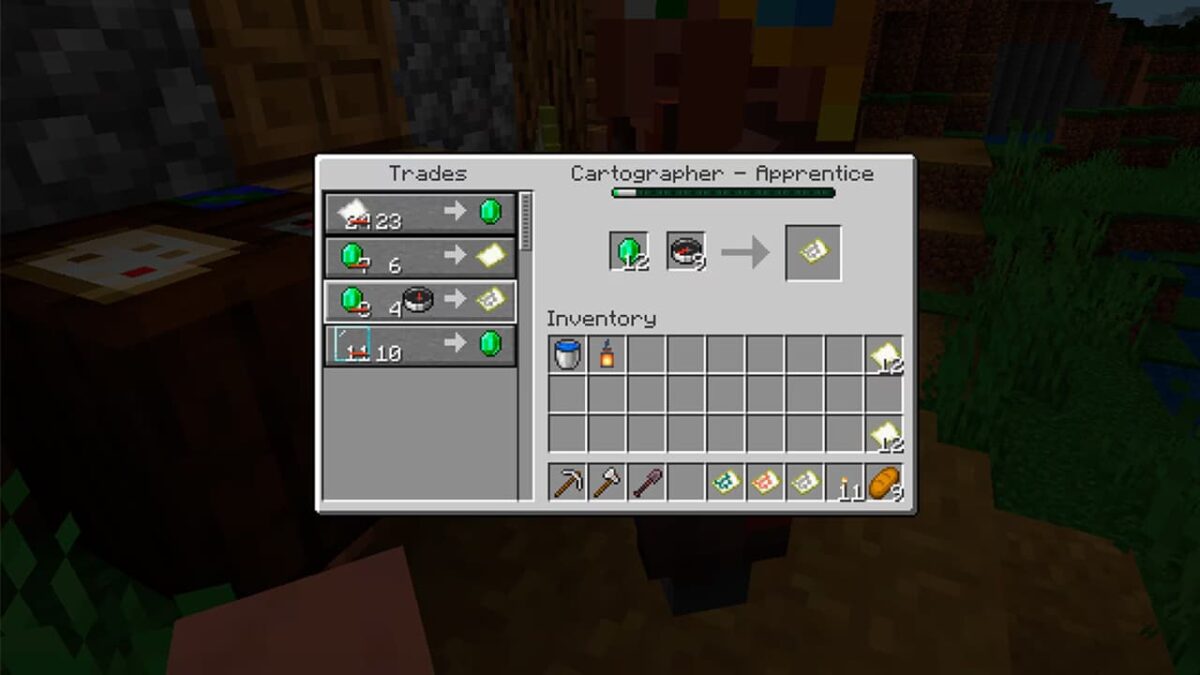 interface de commerce du cartographe dans Minecraft avec de nouvelles cartes disponibles