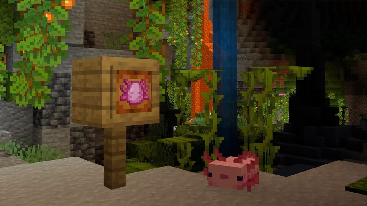  Un axolotl rose à côté de son œuf d’apparition dans une grotte aquatique de Minecraft