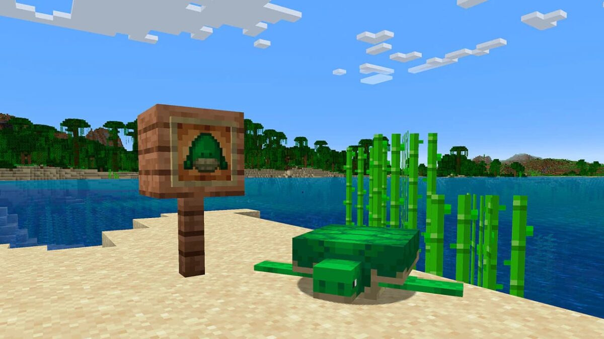 Une tortue sur une plage Minecraft, près de son œuf d’apparition