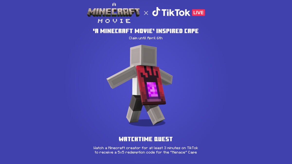 cape Menace Minecraft A Minecraft Movie TikTok – cape exclusive du film avec un motif de portail du Nether, obtenable en regardant un live TikTok