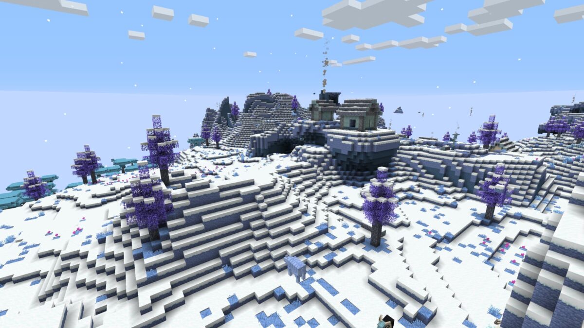 paysage enneigé des Brightlands dans l'Everbright du mod blue skies pour Minecraft, avec des arbres violets et une cabane en bois