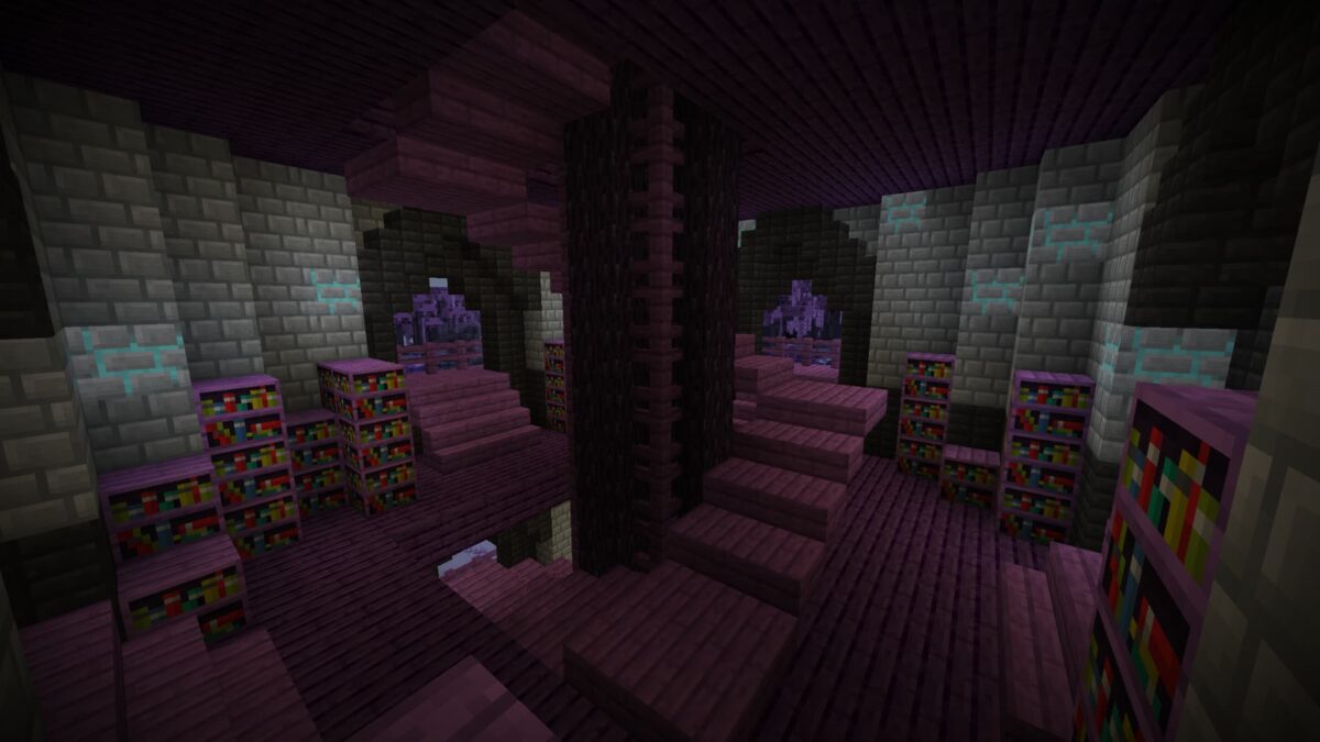 intérieur du Blinding Dungeon dans l'Everdawn du mod blue skies pour Minecraft, avec un décor sombre et une ambiance mystique