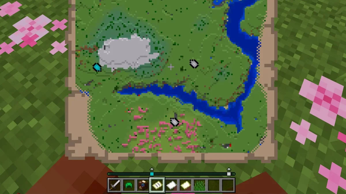 Carte Minecraft affichant plusieurs marqueurs de joueurs avec la barre de localisation visible en bas de l’écran.