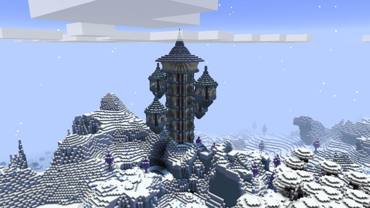 tour du Blinding Dungeon dans l'Everbright du mod blue skies pour Minecraft, située sur une montagne enneigée