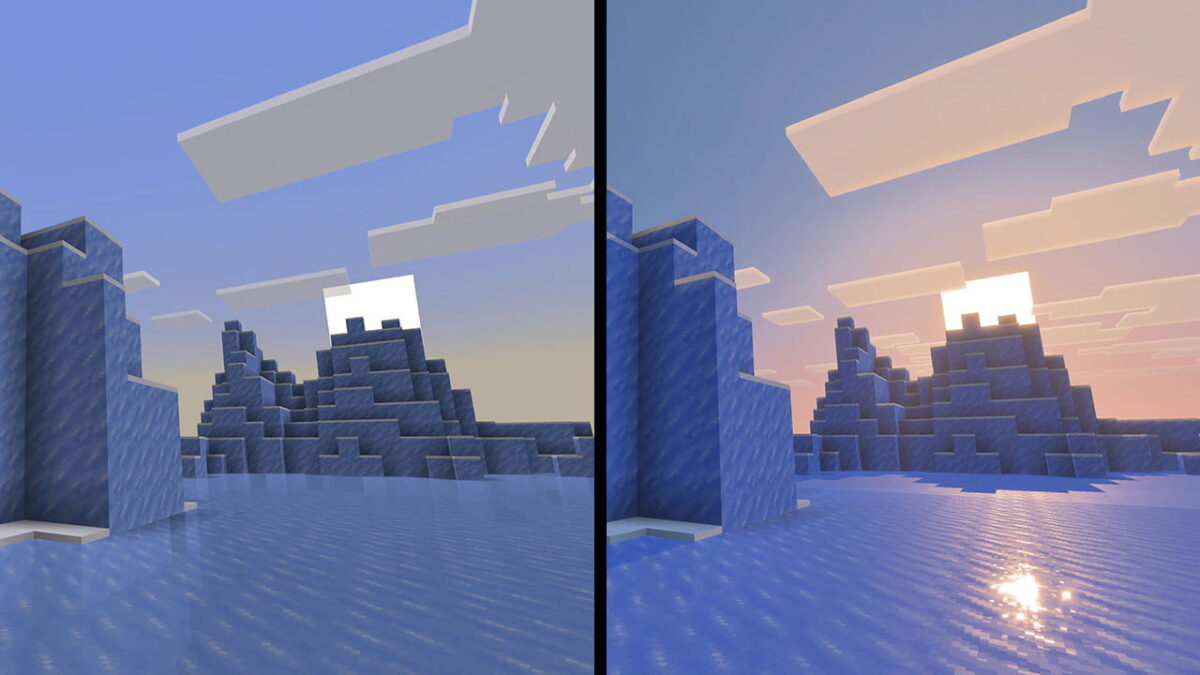 Formation glacée dans Minecraft illustrée avec et sans le Vibrant Shader, mettant en avant des reflets et une lumière rasante.