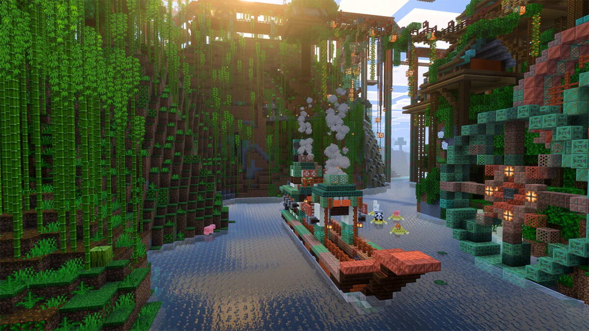 Grande construction personnalisée dans Minecraft rendue avec le Vibrant Shader, incluant végétation luxuriante, rivière et bâtiments détaillés.