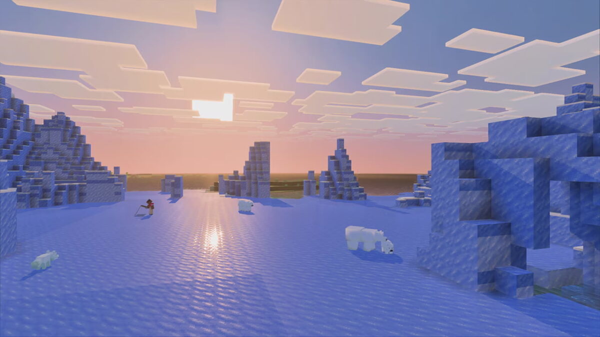 Étendue gelée dans Minecraft baignée par le soleil, rendue à travers le Vibrant Shader avec des reflets réalistes sur la glace.