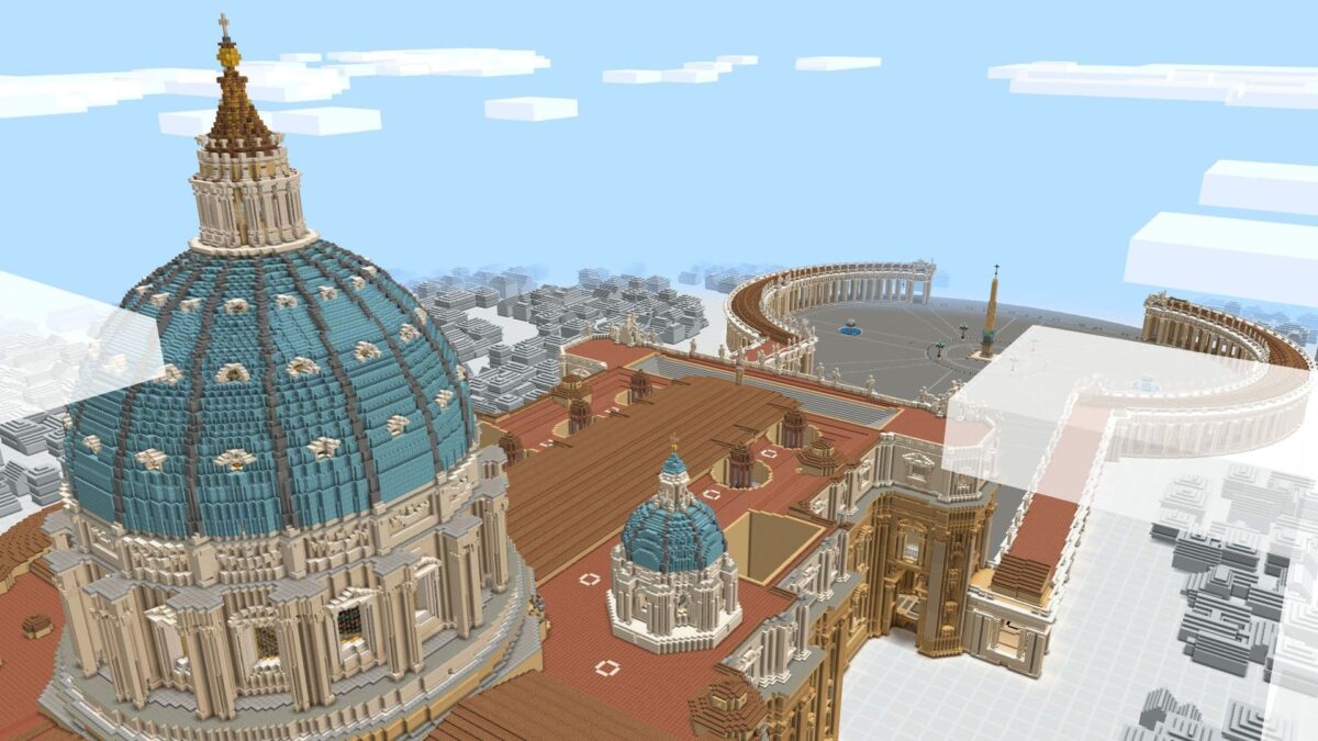 Reconstitution de la basilique Saint-Pierre de Rome en vue aérienne dans Minecraft