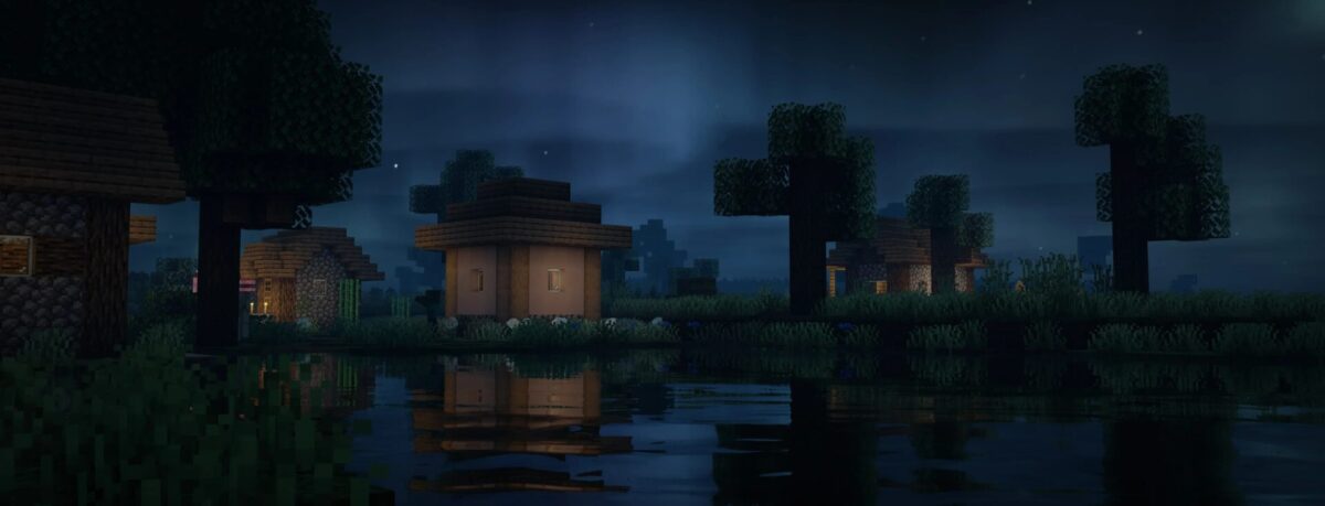 village Minecraft de nuit avec reflets sur l’eau – shader Lux V1 Minecraft