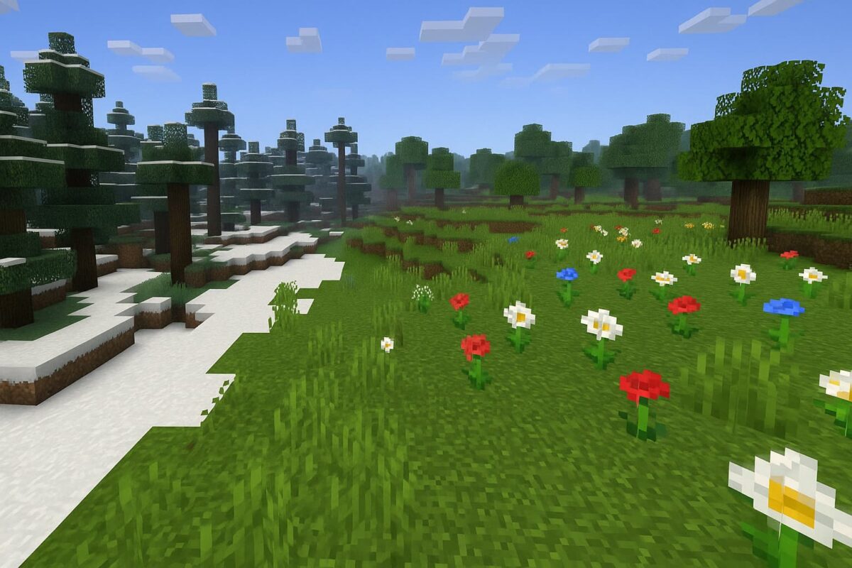 Un paysage naturel dans Minecraft à différentes saisons : forêt enneigée à gauche, prairie fleurie à droite, avec une transition douce entre les deux.