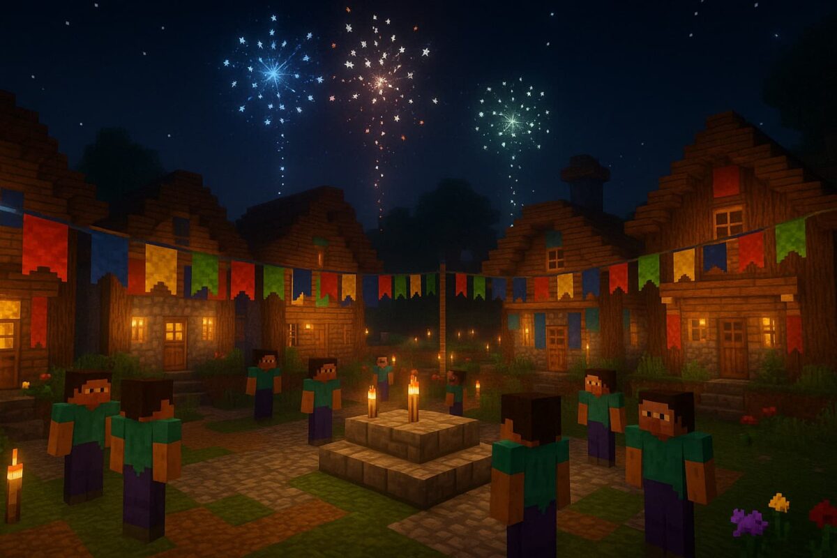 Un grand village décoré de bannières colorées, avec des feux d’artifice dans le ciel et des joueurs (ou PNJ) rassemblés sur la place centrale.