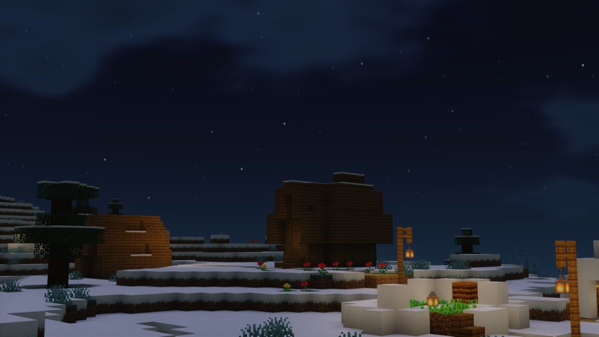 Village enneigé éclairé de nuit dans Minecraft avec le shader Mellow, ambiance douce et lumière dynamique