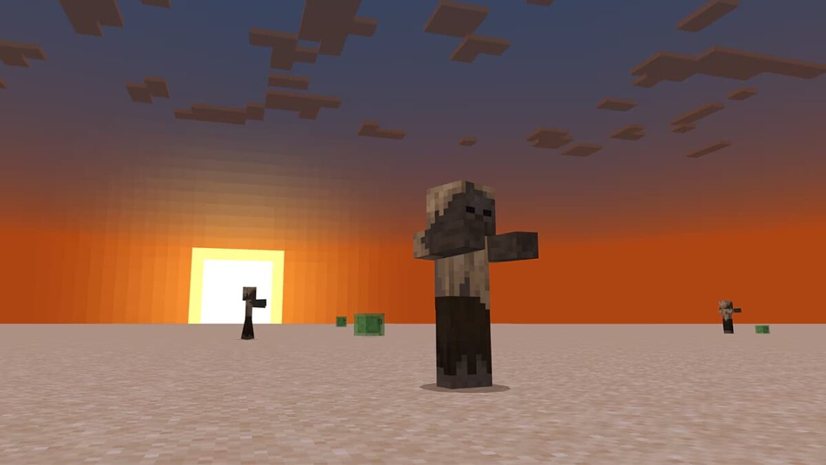 Préréglage Désert de Minecraft Bedrock au crépuscule, peuplé de zombies et de slimes.