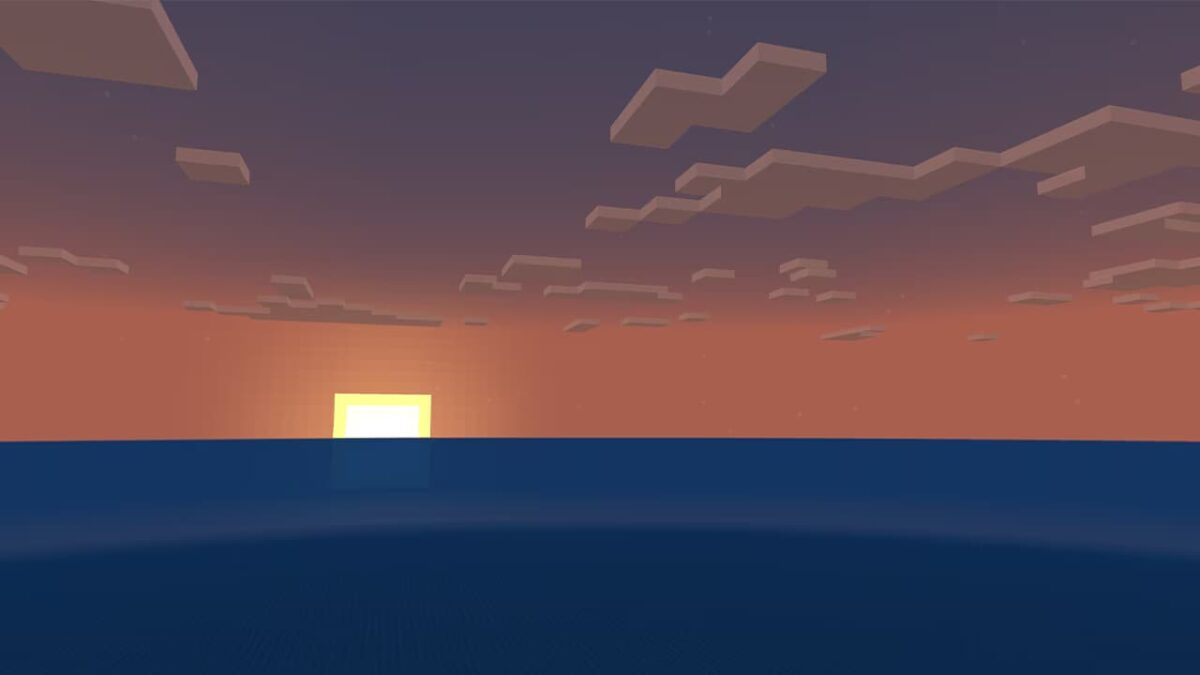 Vue du préréglage Monde aquatique dans Minecraft Bedrock, avec un soleil couchant sur l’océan.