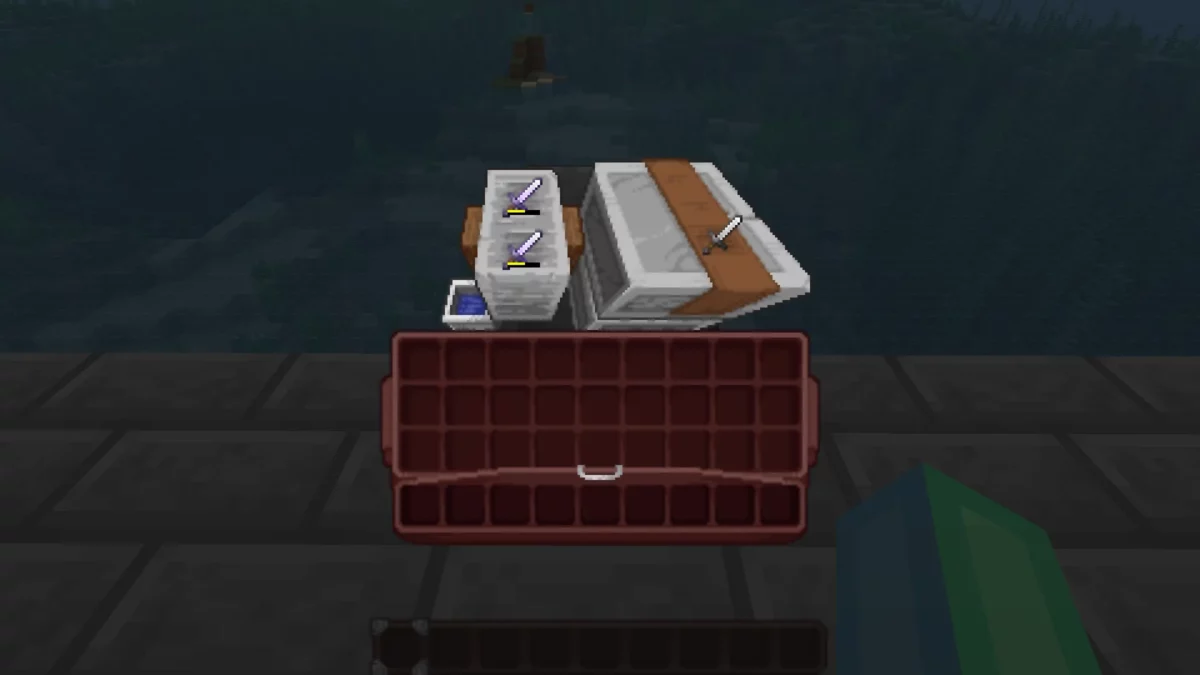 Interface de meule revisitée par le pack de texture Minecraft Shrimp's Immersive Interfaces, avec épées posées sur l’établi.