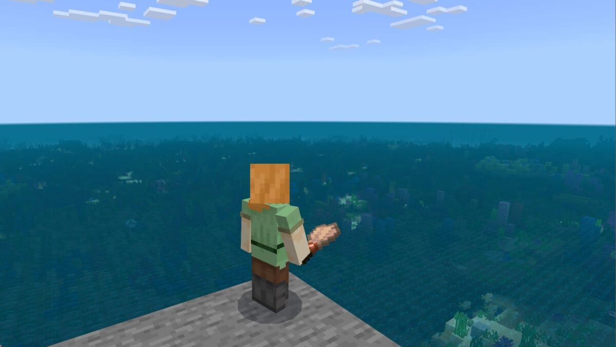 Personnage d’Alex tenant un pinceau au bord d’un océan dans Minecraft, face à un paysage marin.