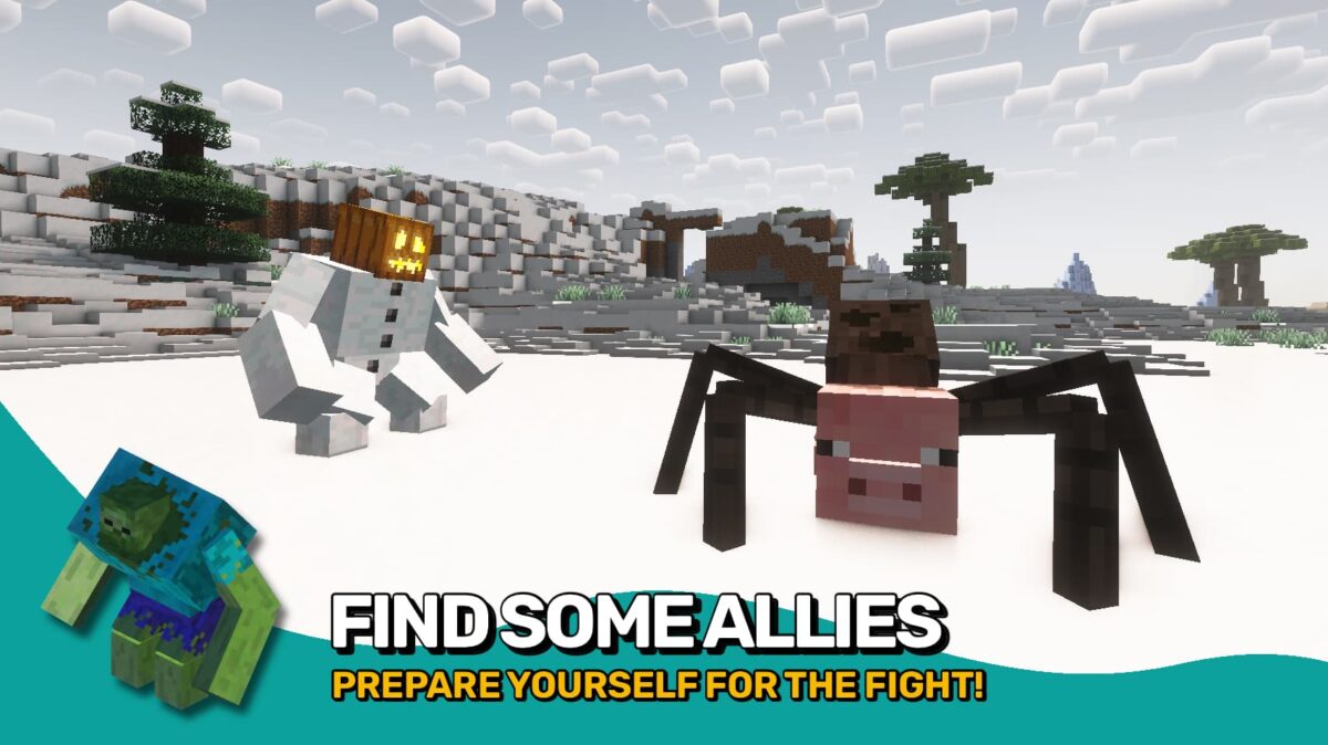 mod Minecraft Mutant Monsters – alliance entre un golem des neiges mutant et un Spider Pig dans un paysage enneigé