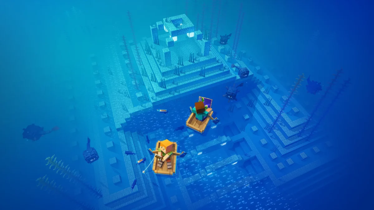 Steve et Alex approchent d’un monument sous-marin en bateau, entourés de gardiens hostiles.