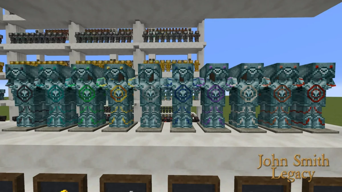 série d’armures colorées détaillées exposées sur des mannequins avec le pack de texture Minecraft John Smith Legacy