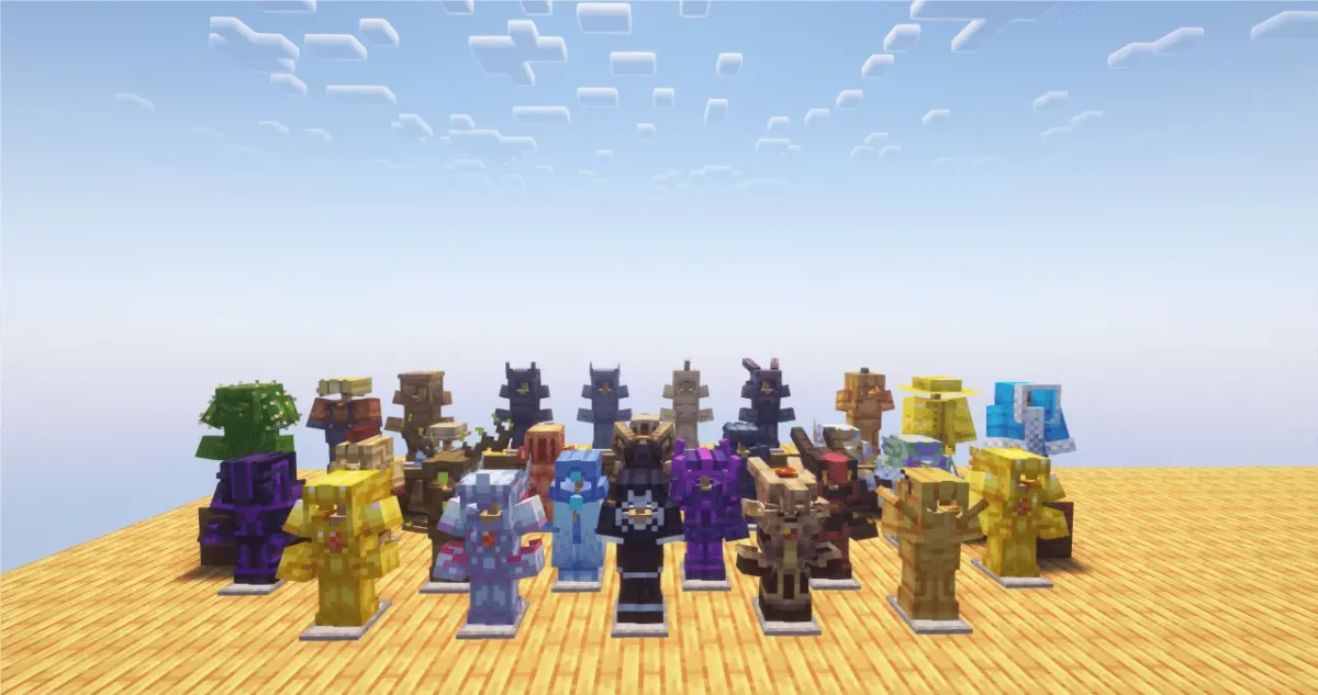 Vitrine d’armures personnalisées du mod Minecraft Confluence: Otherworld avec des designs variés et colorés alignés sur des mannequins