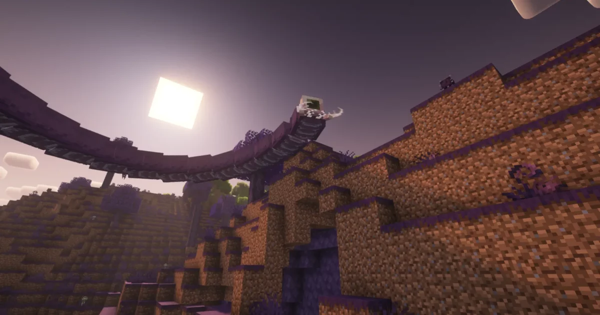 Biome Corruption du mod Minecraft Confluence: Otherworld avec un ver géant émergeant d'une structure violette suspendue.