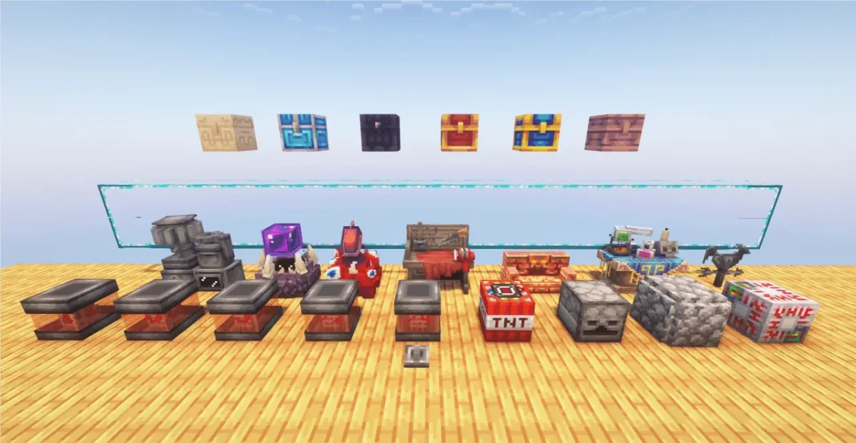 Blocs fonctionnels du mod Minecraft Confluence: Otherworld incluant établis, TNT modifiée, machines et conteneurs spéciaux.
