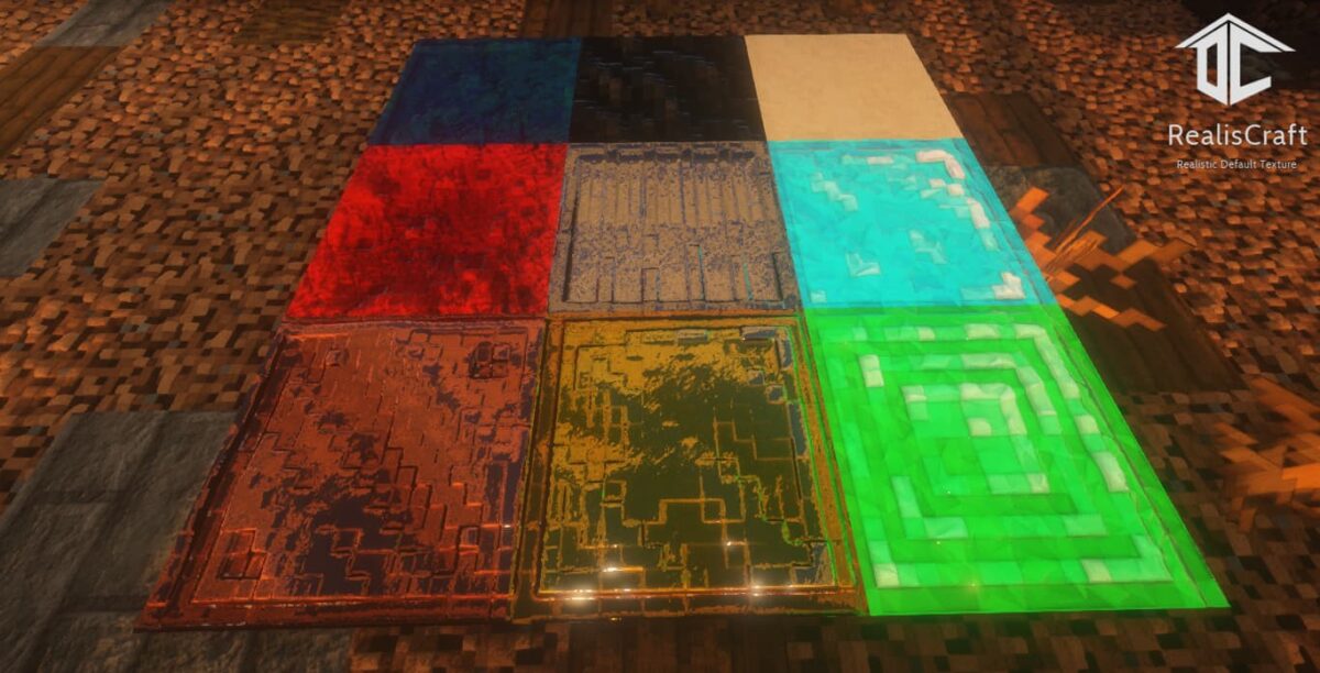 Pack de texture Minecraft RealisCraft JE 256x : surface plane avec différents blocs colorés et brillants utilisant le rendu PBR