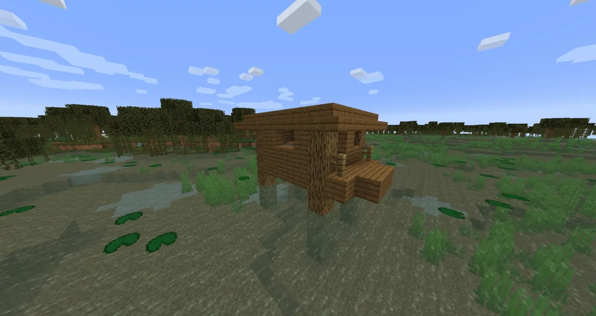 Cabane des marais dans Minecraft construite en bois au-dessus d’un marais