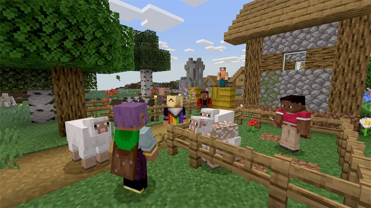 Personnages dans un village de Minecraft portant la Cape Commune autour d’un enclos de moutons