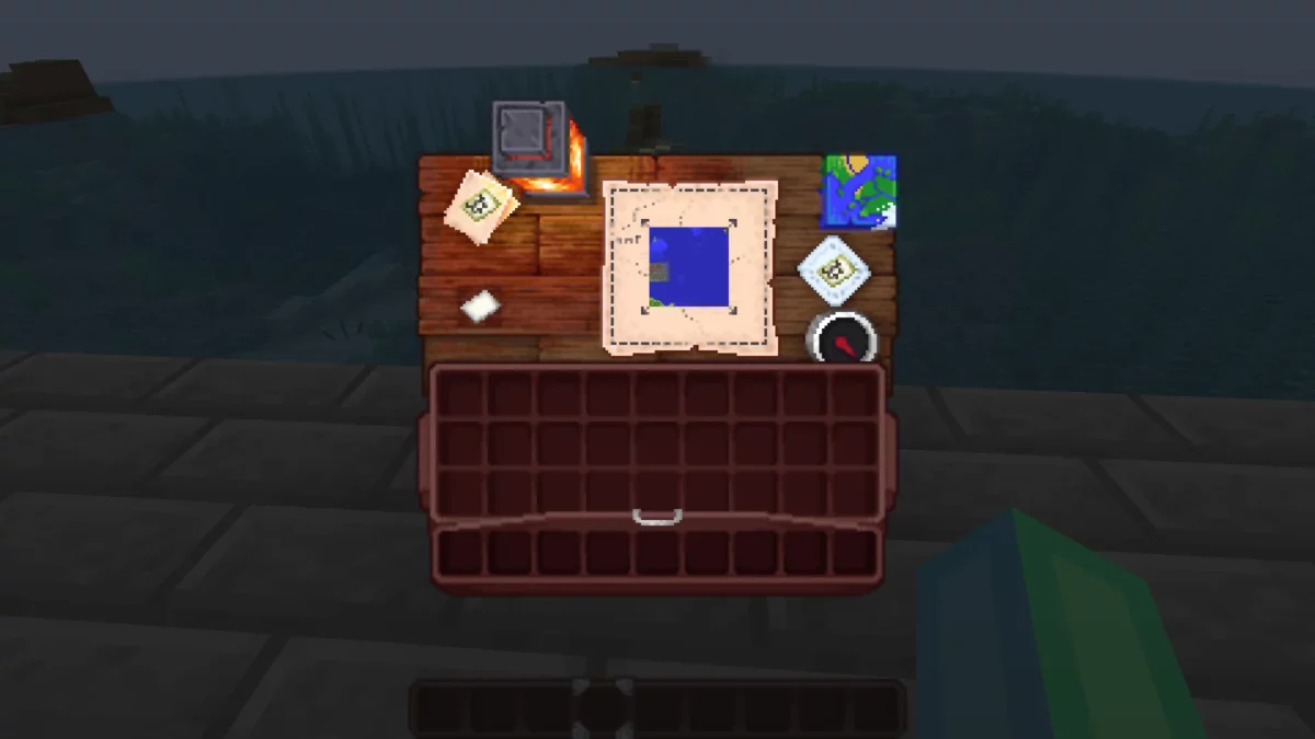 Interface de cartographie revisitée par le pack de texture Minecraft Shrimp's Immersive Interfaces, avec cartes et boussole.