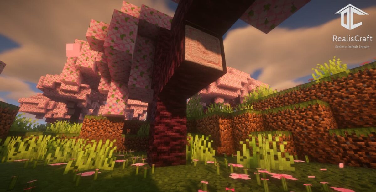 Pack de texture Minecraft RealisCraft JE 256x : tronc d’arbre rose et feuillage en fleurs de cerisier
