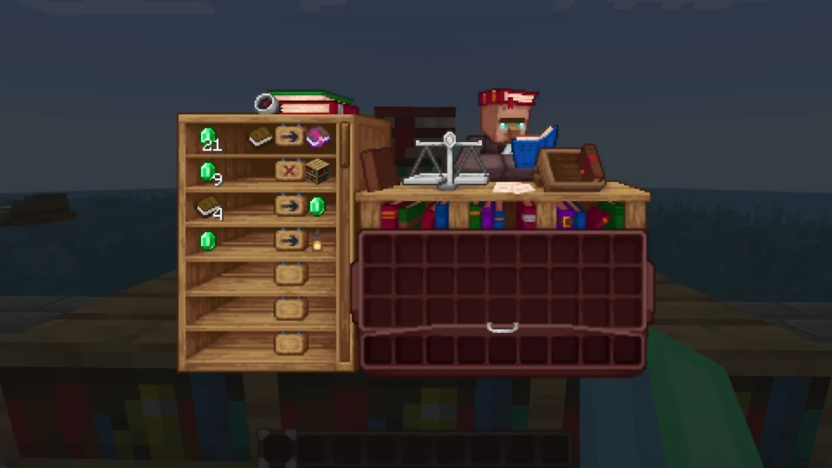 Interface d’échange avec un villageois bibliothécaire personnalisée par le pack de texture Minecraft Shrimp's Immersive Interfaces, avec livres et balance dessinés.
