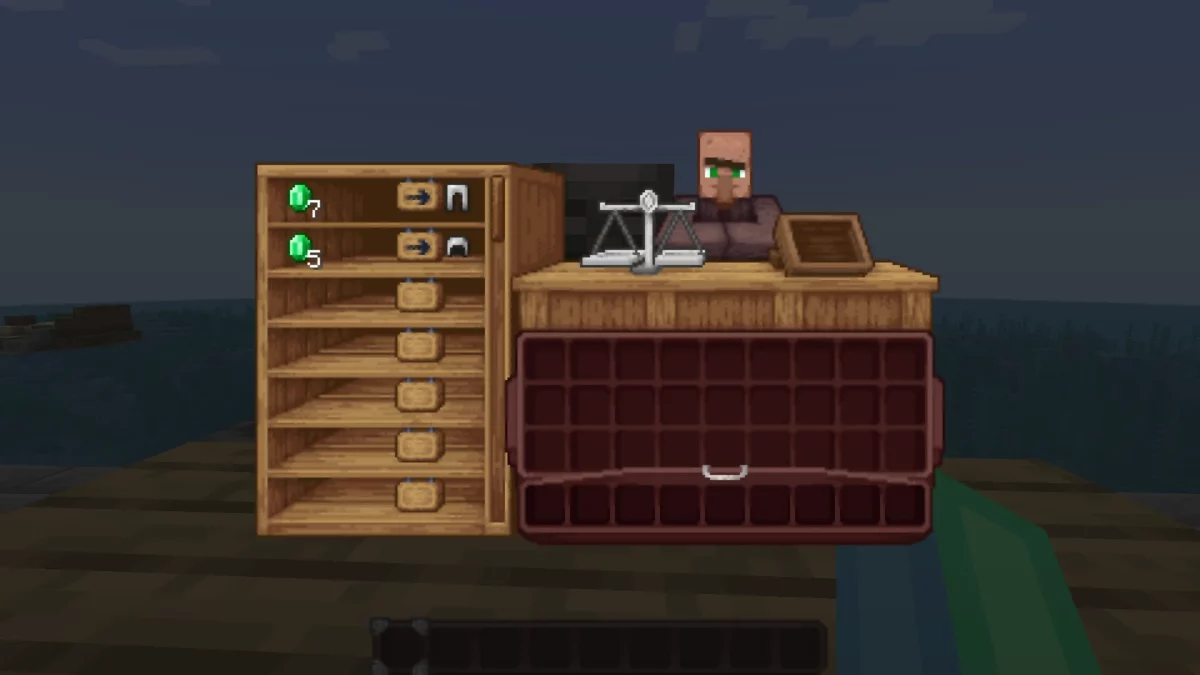 Interface d’échange avec un villageois forgeron redessinée avec le pack de texture Minecraft Shrimp's Immersive Interfaces, décor sobre et établi de bois.