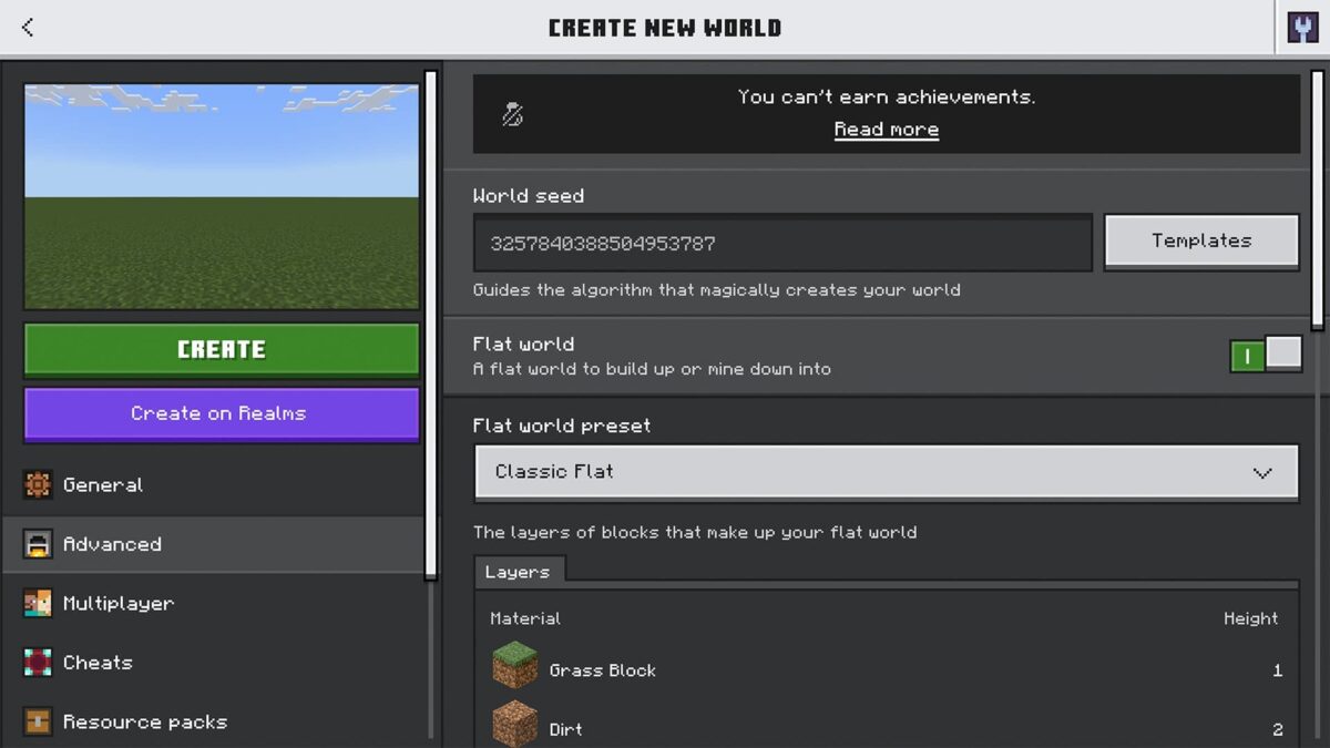Écran de création de monde dans Minecraft Bedrock avec le préréglage Classique sélectionné.